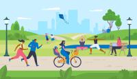 Illustration of a park scene with people jogging, biking, practicing yoga, flying a kite, and working on laptops.